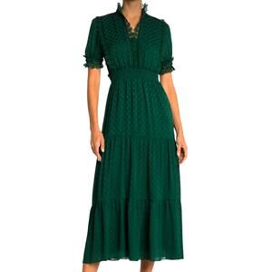 Max Studio Women’s Emerald Green Jacquard Dot Lace Trim Maxi Dress Size S